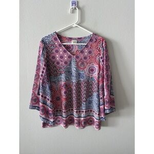 Chico's Women's Pink Blue Abstract Geometric Print 3/4 Bell Sleeve Top Size 2